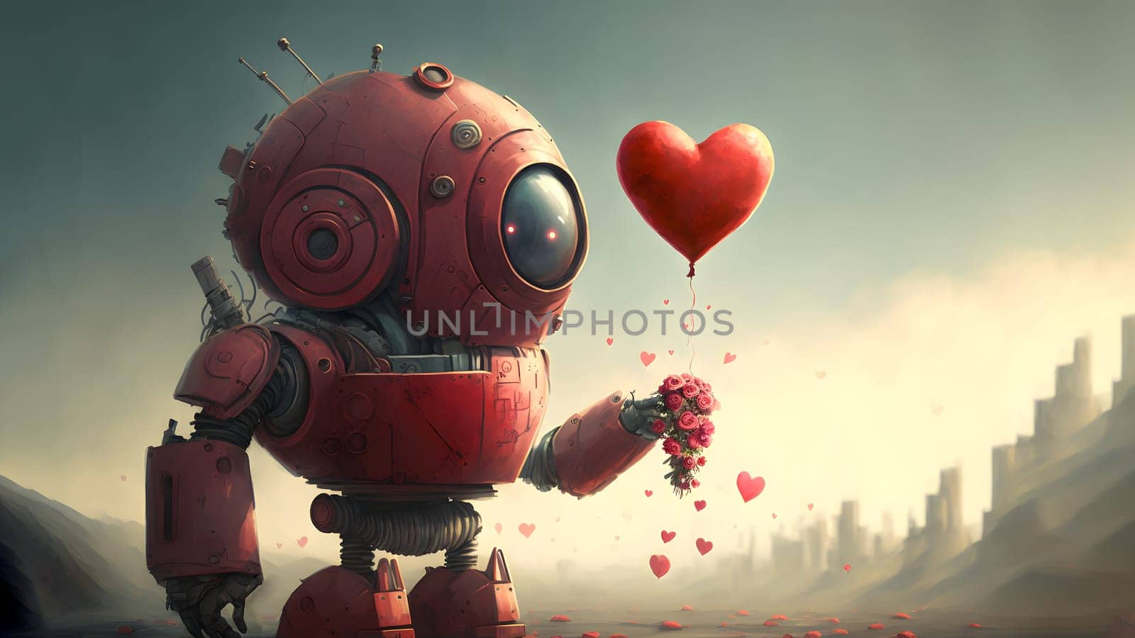 red retro-futuristic robot holding large heart-shaped balloon for valentines day concept, neural network generated art. Digitally generated image. Not based on any actual person, scene or pattern.