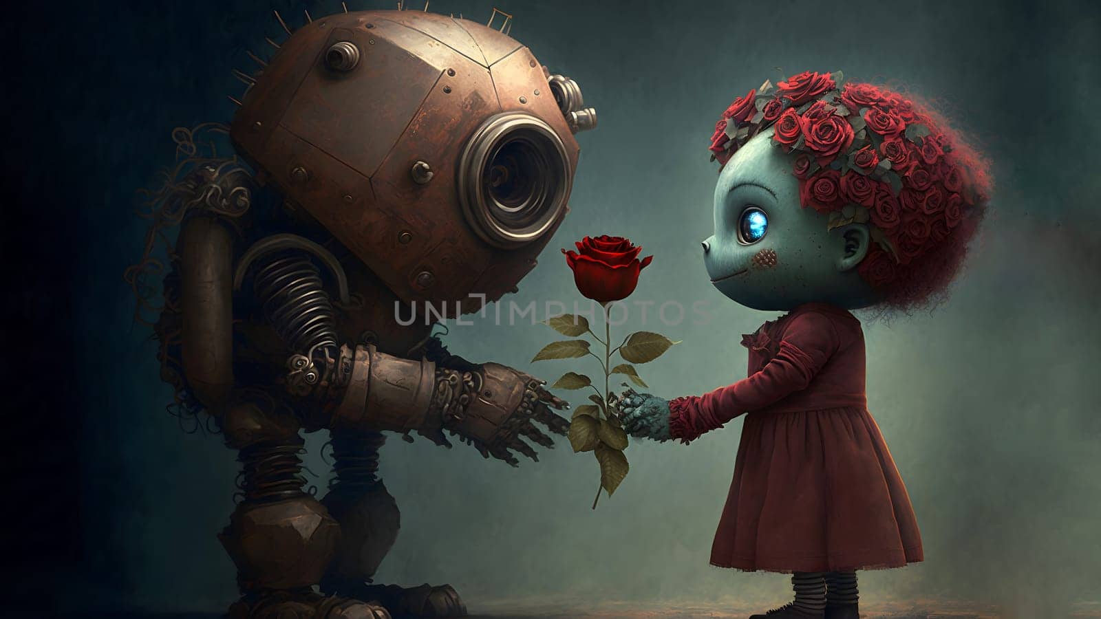 rusty anthropomorphic robot giving a rose to strange blue skin girl with flowers instead head hair, neural network generated art by z1b