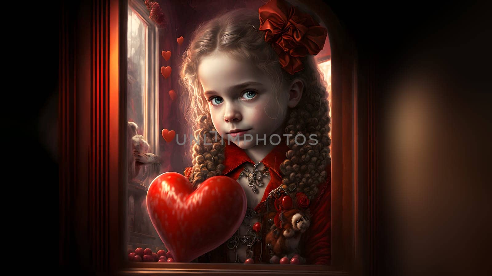 cute curly blonde caucasian girl with red heart shaped object looks expressively, neural network generated art by z1b
