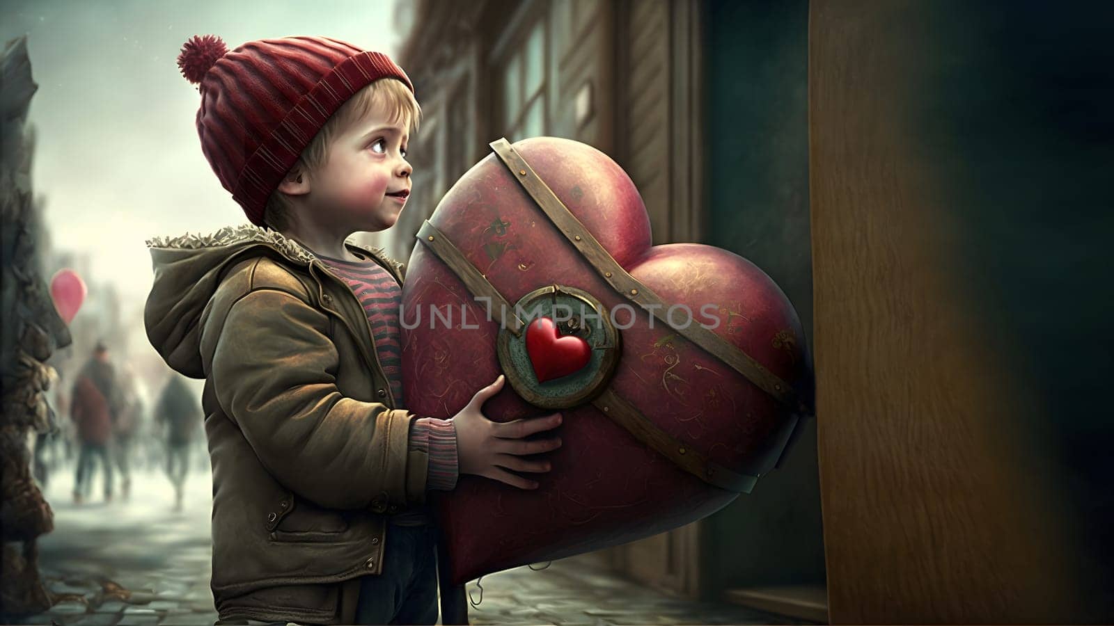 little caucasian boy holding big heart-shaped object on city street, neural network generated art. Digitally generated image. Not based on any actual person, scene or pattern.