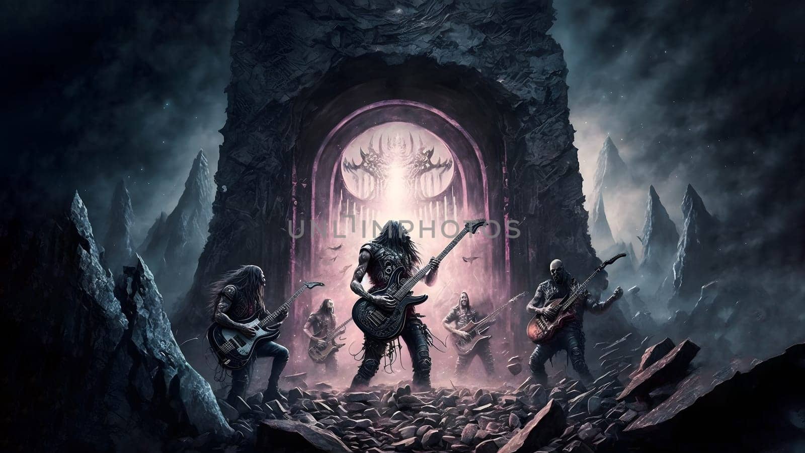 hellish rock musicians band with electric guitars in rock world, neural network generated art. Digitally generated image. Not based on any actual person, scene or pattern.