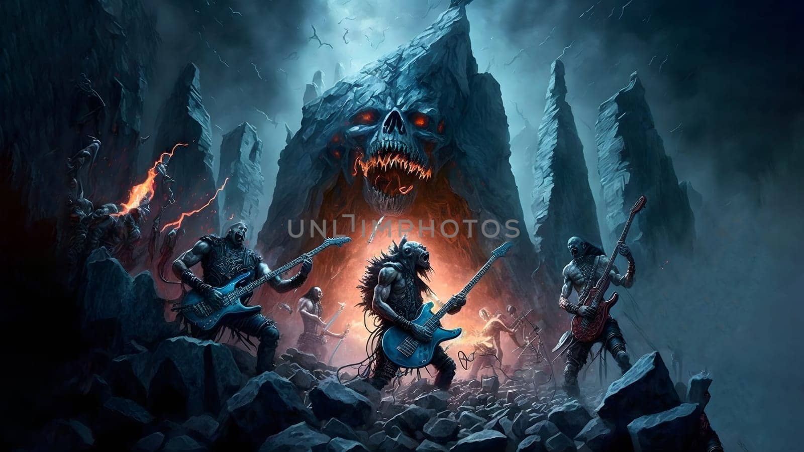 hellish rock musicians band with electric guitars in rock world, neural network generated art. Digitally generated image. Not based on any actual person, scene or pattern.