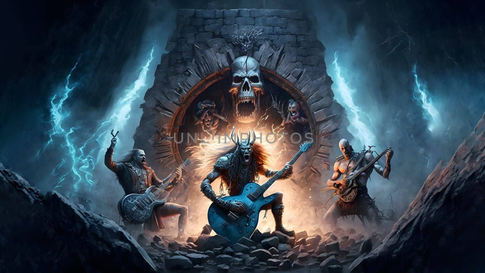 hellish rock musicians band with electric guitars in rock world, neural network generated art. Digitally generated image. Not based on any actual person, scene or pattern.