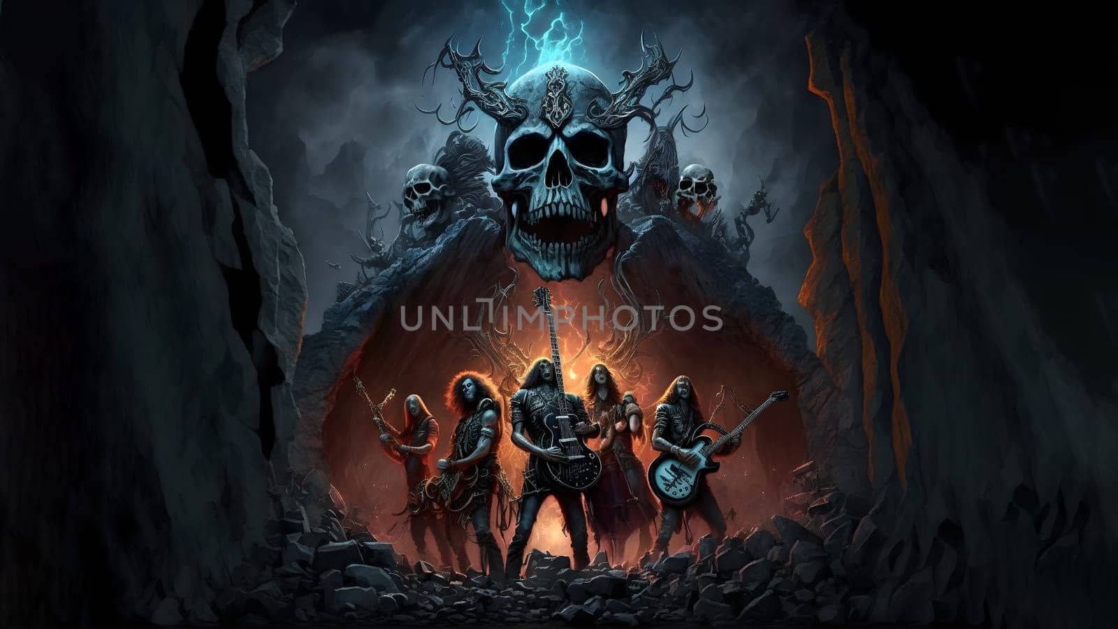 hellish rock musicians band with electric guitars in rock world, neural network generated art. Digitally generated image. Not based on any actual person, scene or pattern.