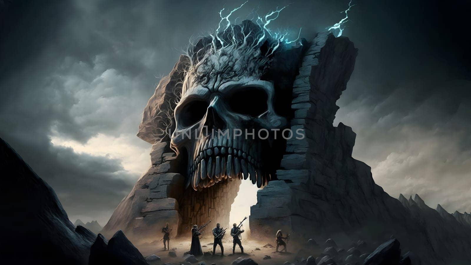 hellish rock musicians band with electric guitars in rock world, neural network generated art. Digitally generated image. Not based on any actual person, scene or pattern.