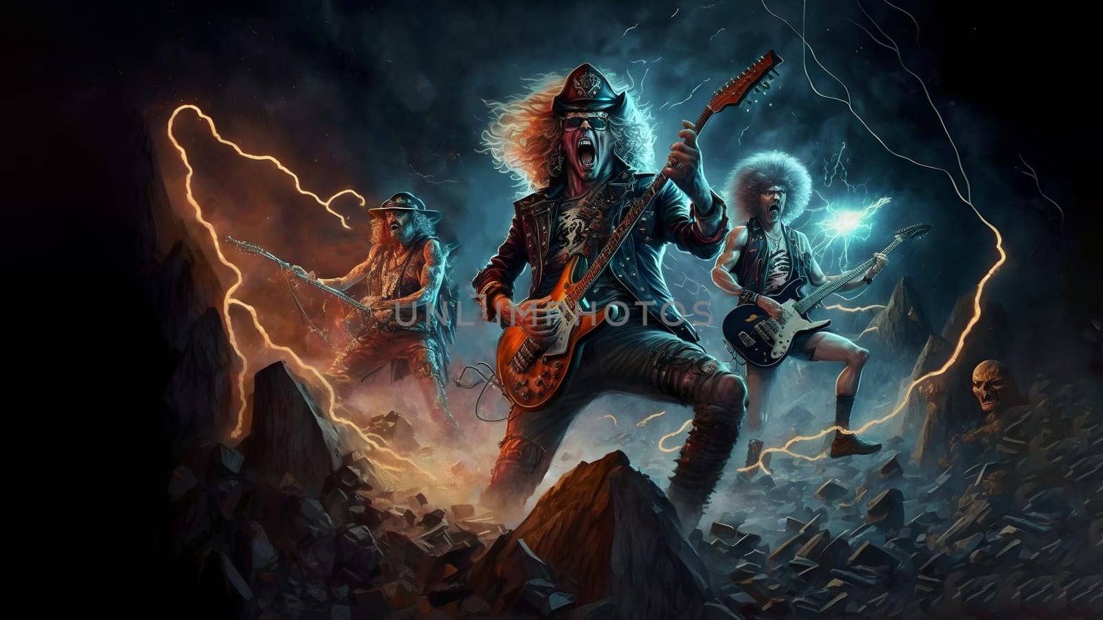 hellish rock musicians band with electric guitars in rock world, neural network generated art. Digitally generated image. Not based on any actual person, scene or pattern.