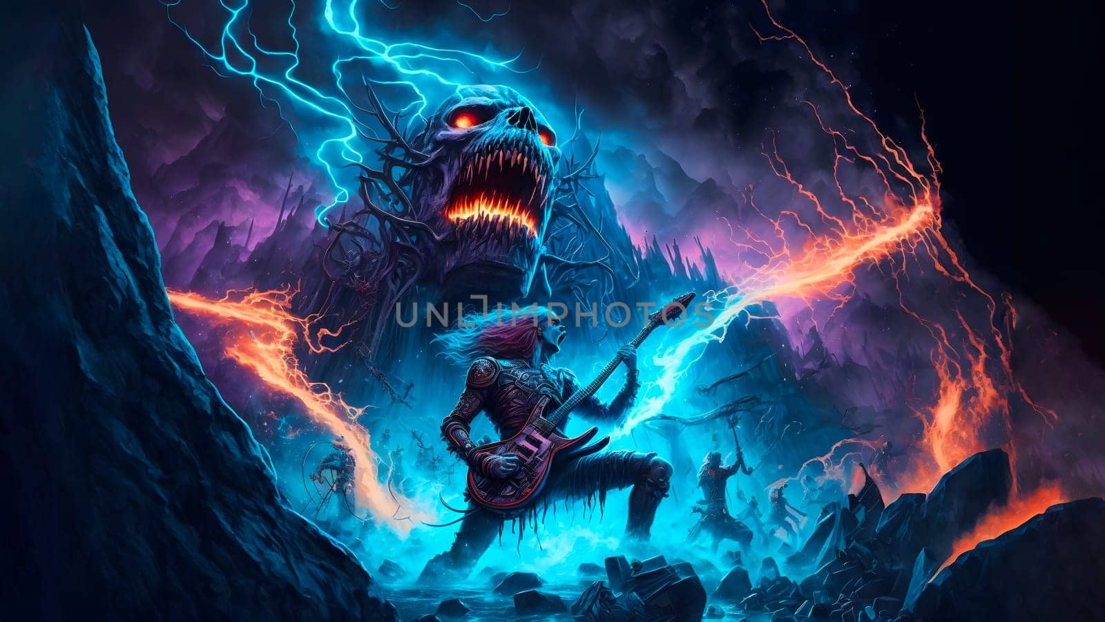 hellish rock musician with electric guitar in rock world, neural network generated art. Digitally generated image. Not based on any actual person, scene or pattern.