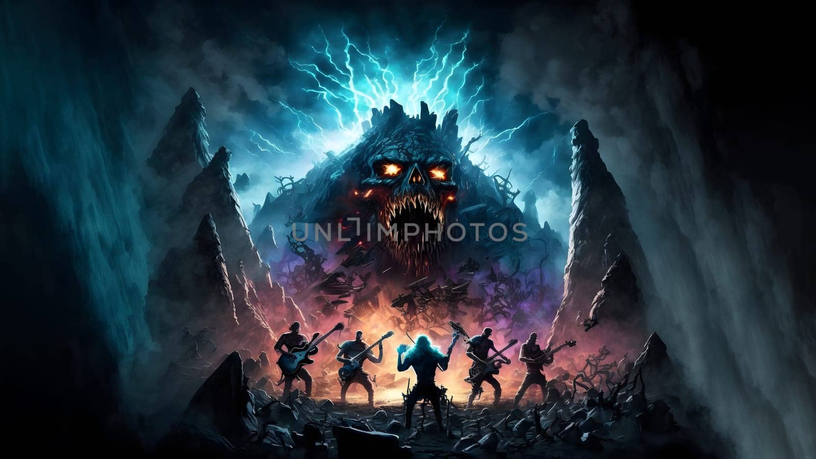hellish rock musicians band with electric guitars in rock world, neural network generated art. Digitally generated image. Not based on any actual person, scene or pattern.