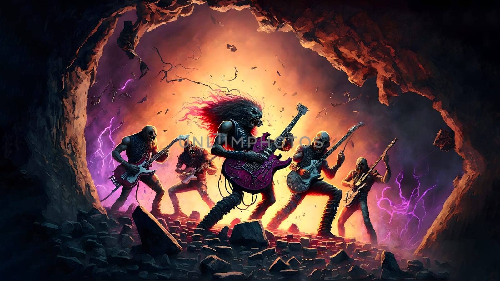 hellish rock musicians band with electric guitars in rock world, neural network generated art. Digitally generated image. Not based on any actual person, scene or pattern.