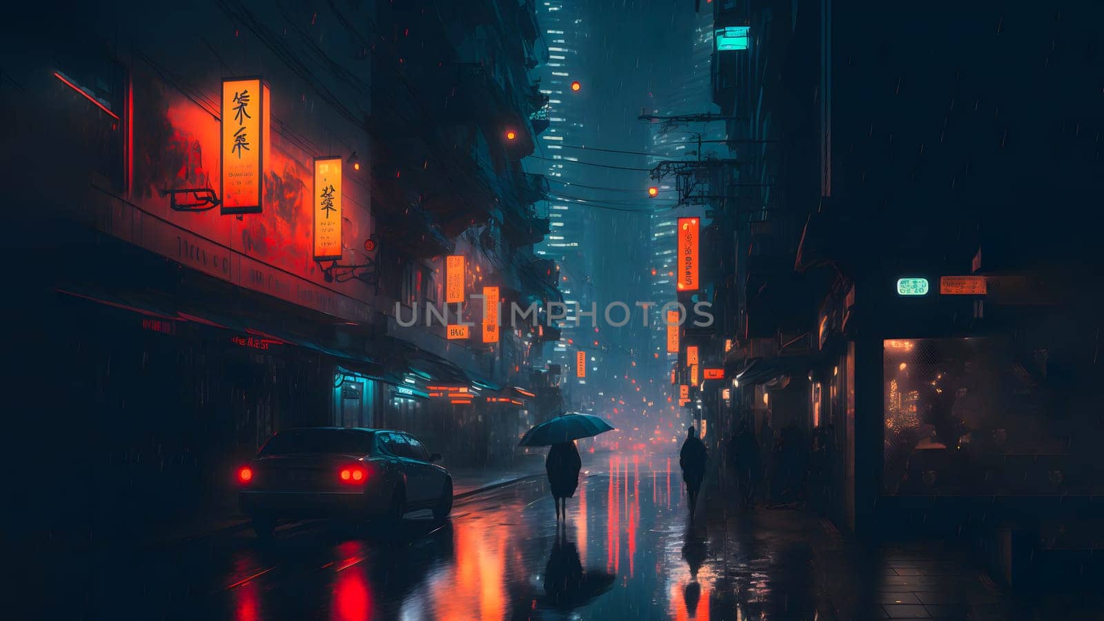 rainy night in cyberpunk chinese city street, neural network generated art. Digitally generated image. Not based on any actual person, scene or pattern.