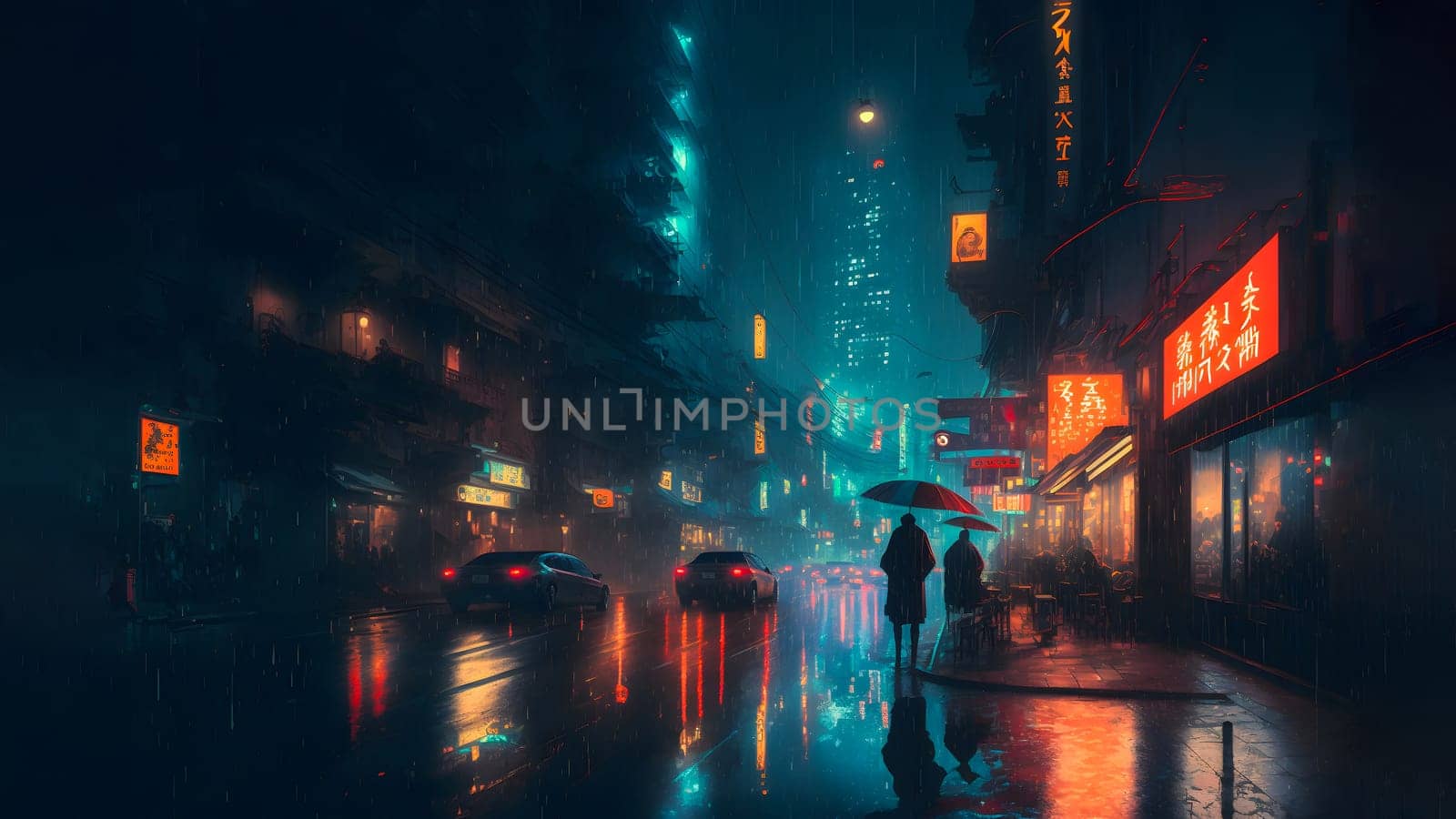 rainy night in cyberpunk chinese city street, neural network generated art. Digitally generated image. Not based on any actual person, scene or pattern.