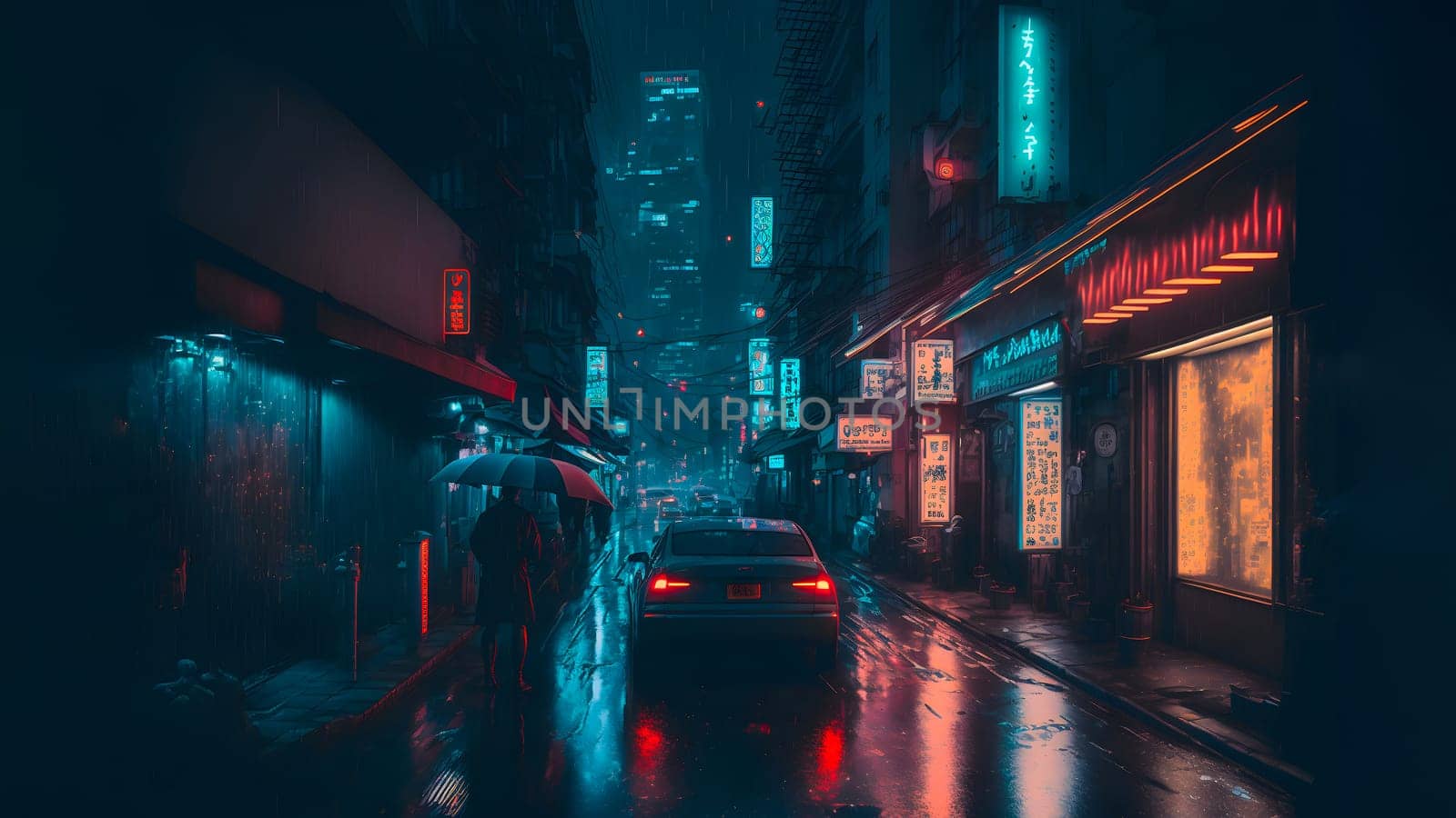 rainy night in cyberpunk chinese city street, neural network generated art. Digitally generated image. Not based on any actual person, scene or pattern.
