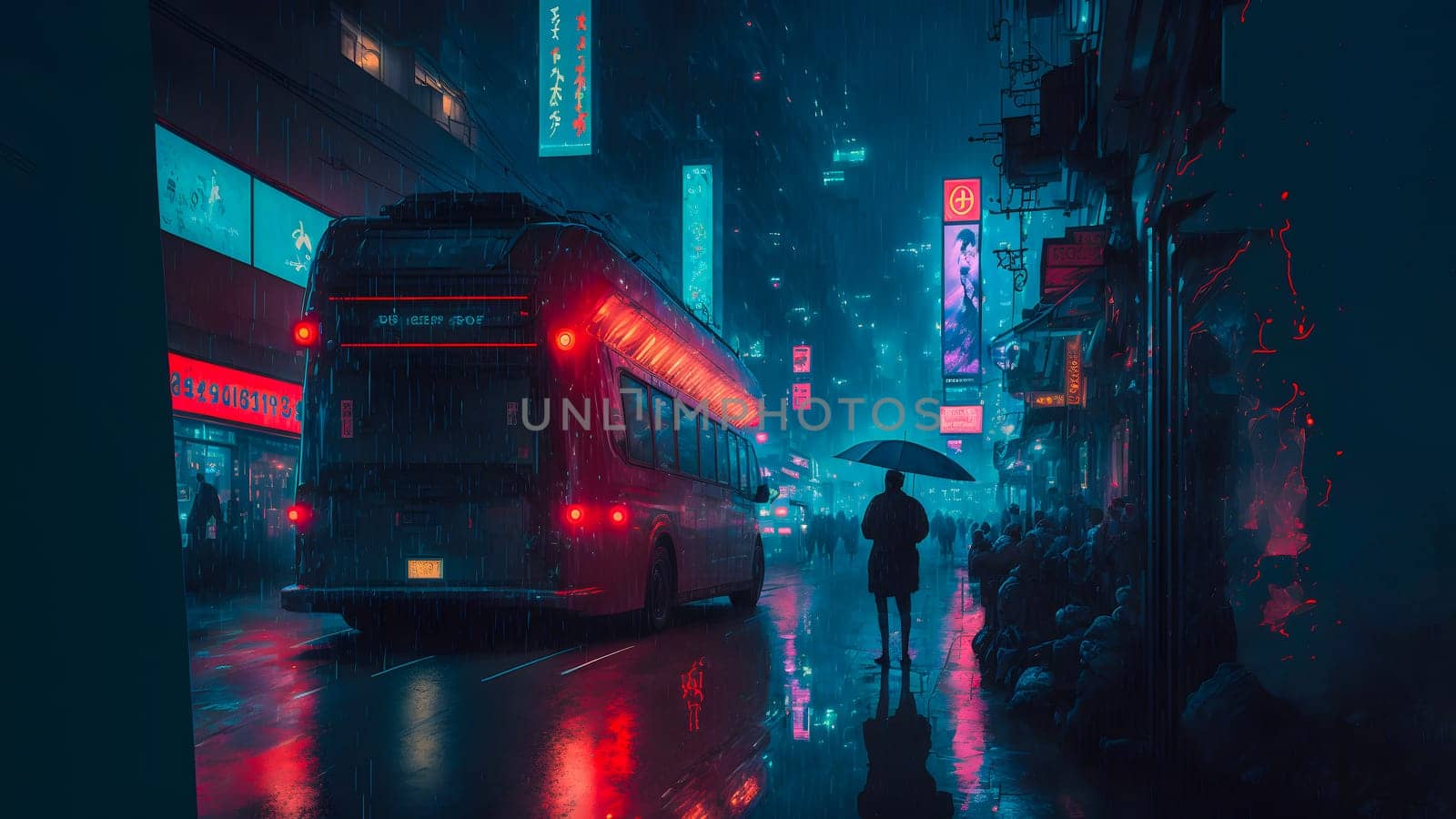 rainy night in cyberpunk chinese city street, neural network generated art. Digitally generated image. Not based on any actual person, scene or pattern.