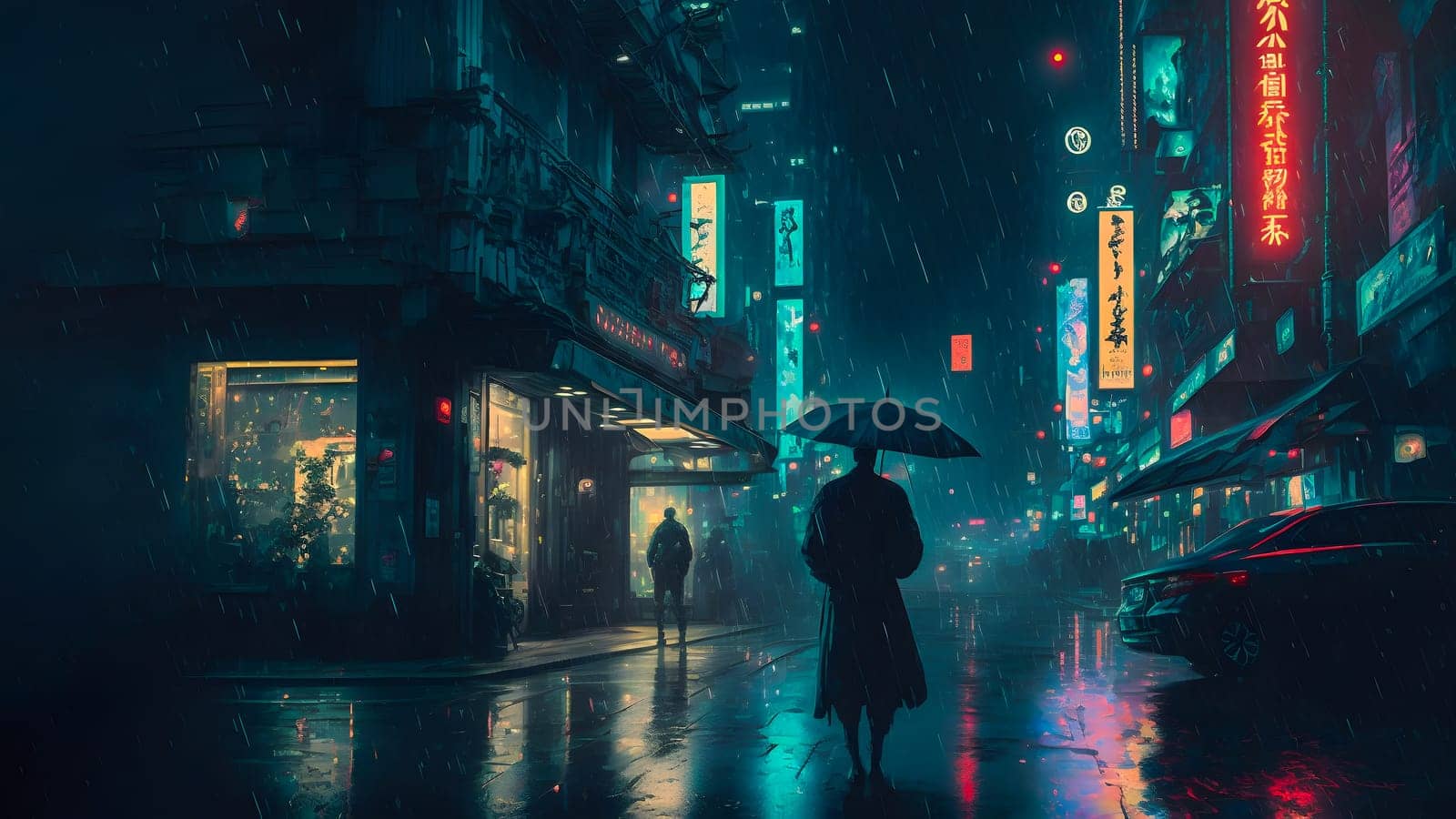 rainy night in cyberpunk chinese city street, neural network generated art. Digitally generated image. Not based on any actual person, scene or pattern.