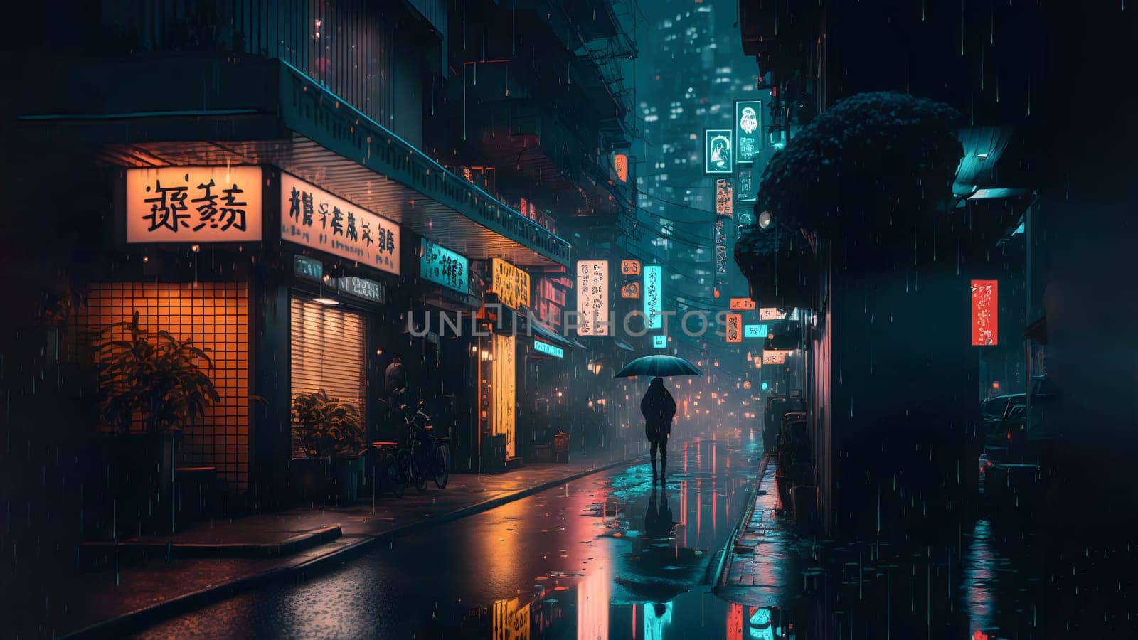 rainy night in cyberpunk chinese city street, neural network generated art. Digitally generated image. Not based on any actual person, scene or pattern.