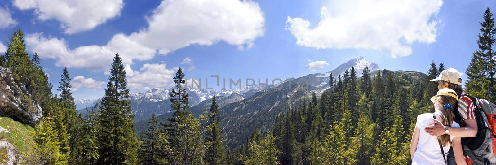 View near the Kreuzeck into the Wetterstein Mountains. In the background the Alpspitze. The image is composed of six images.