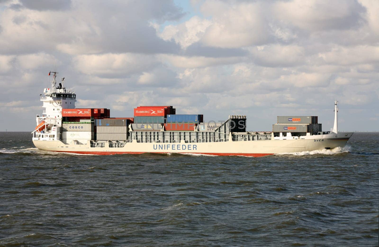 Container freighter in the North Sea off Cuxhaven