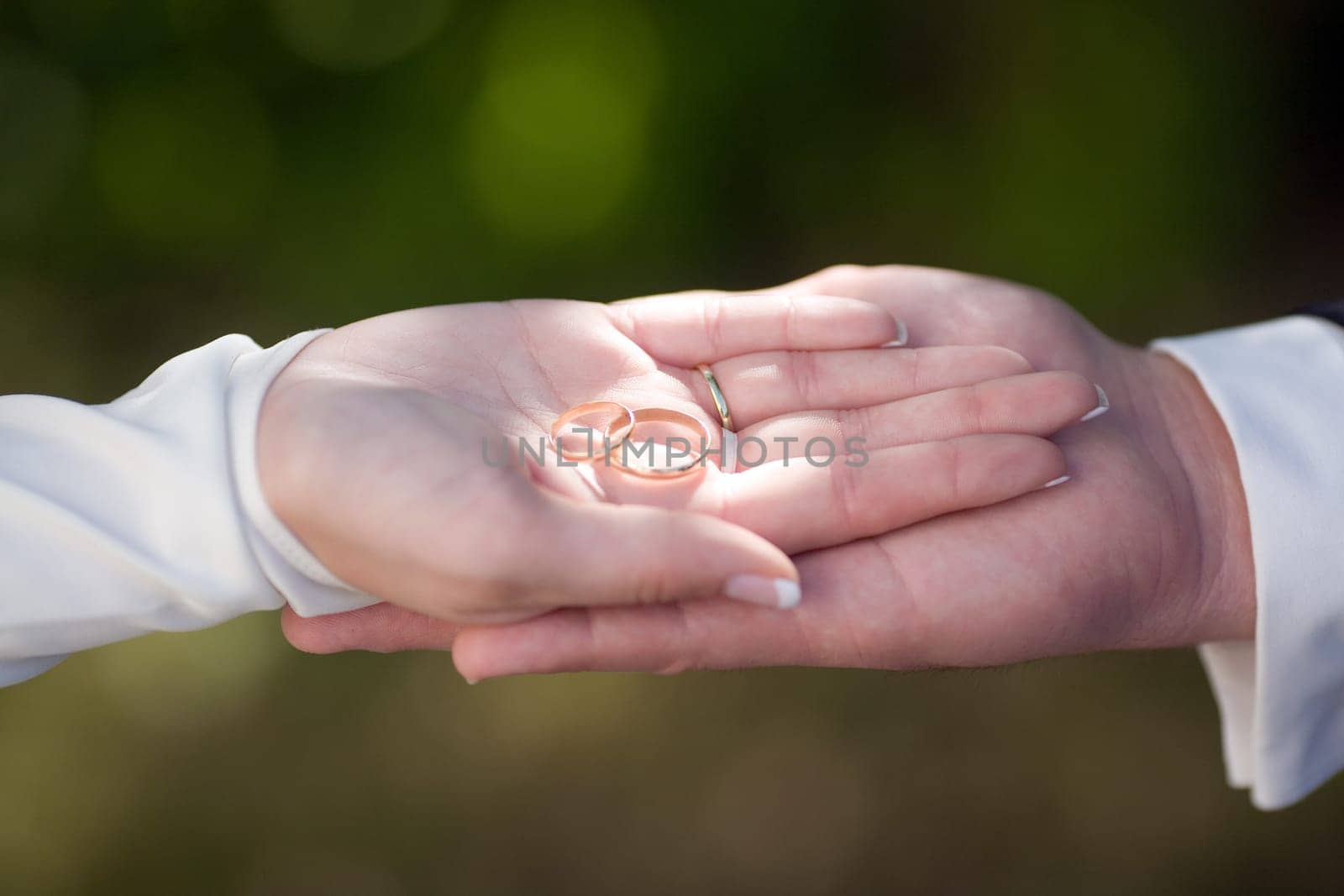 Wedding couple showing rings