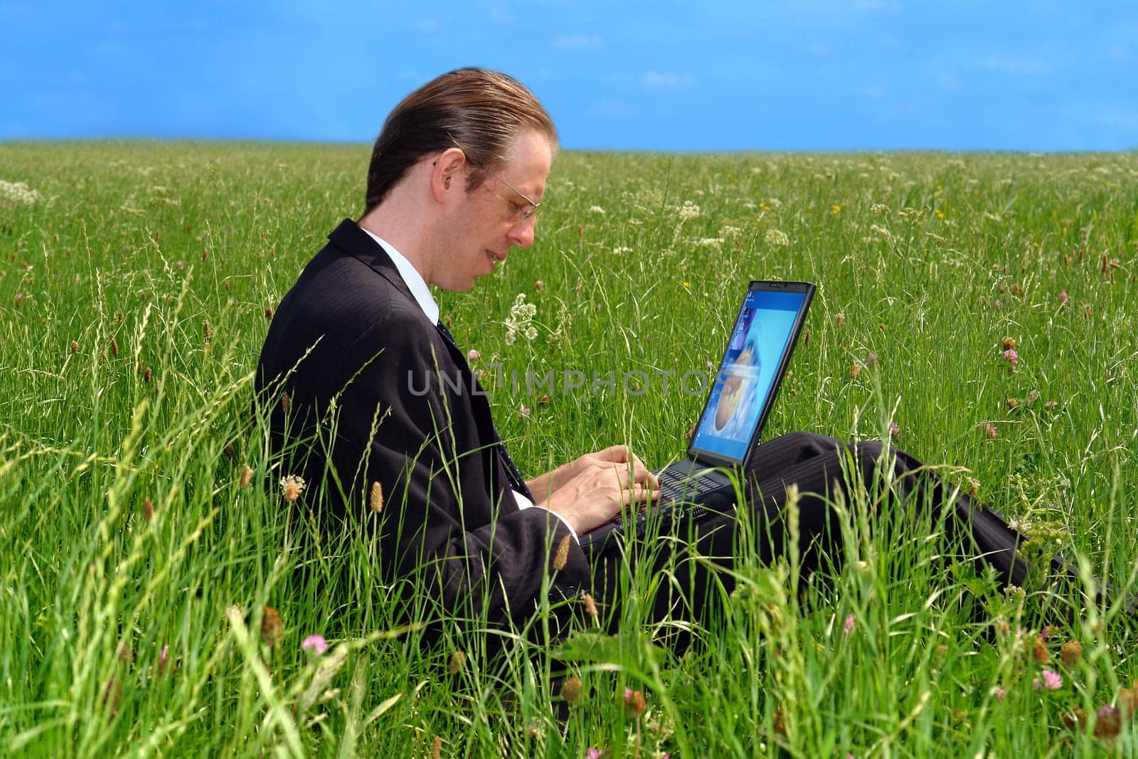 Businessman with notebook on the meadow
