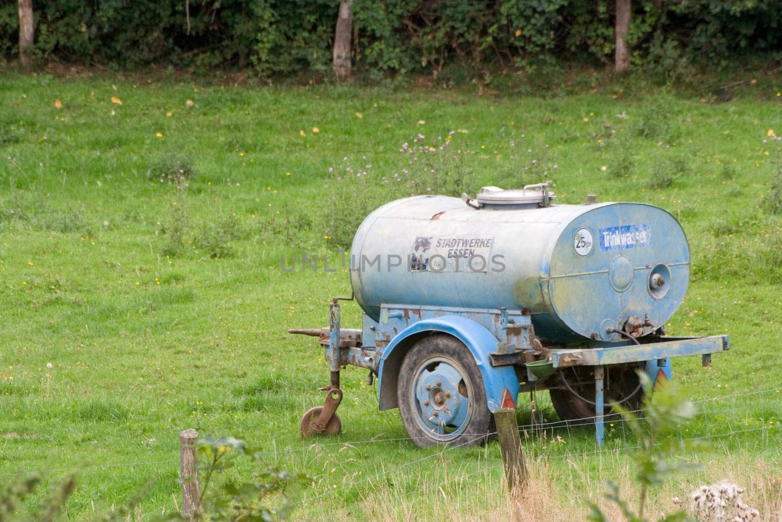 A discarded fresh water trailer is now used on a cattle pasture. His best days are behind him.