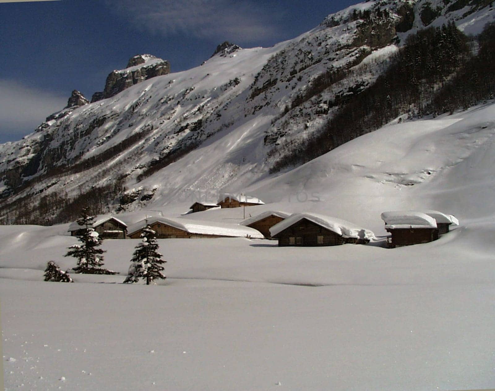 Engstlenalp closed in winter due to avalanche danger. The road will only be opened in spring after all avalanches have passed,as the picture shows.