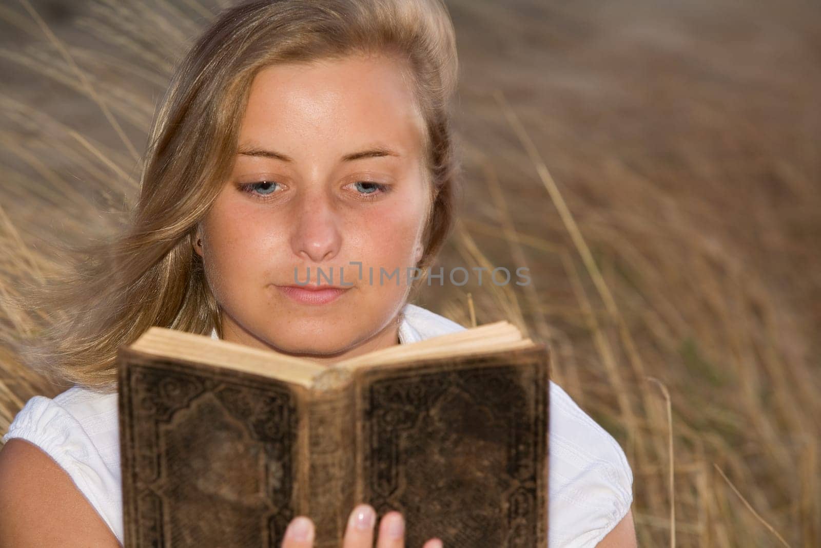 A young woman reads an old book in the background A cornfield