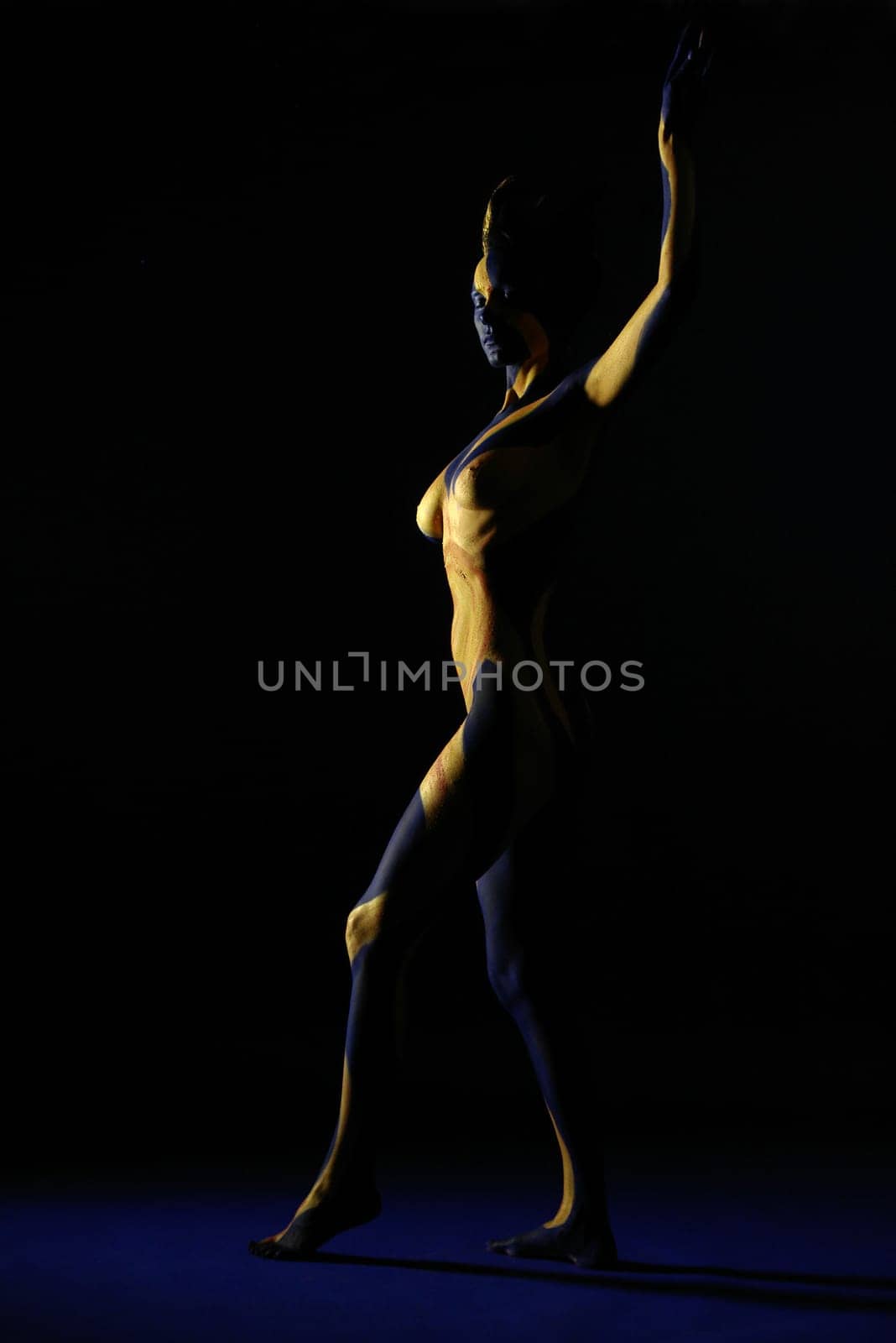 Woman,Bodypainting,Painted,Blue,Yellow,Gold,Sun,Ray,Rays,Body,Nude,Nude,Breast,Body Painting,Painted,Color,Torso,Sculpture,Statue,Art,Calendar,Static,Abstract,Figure