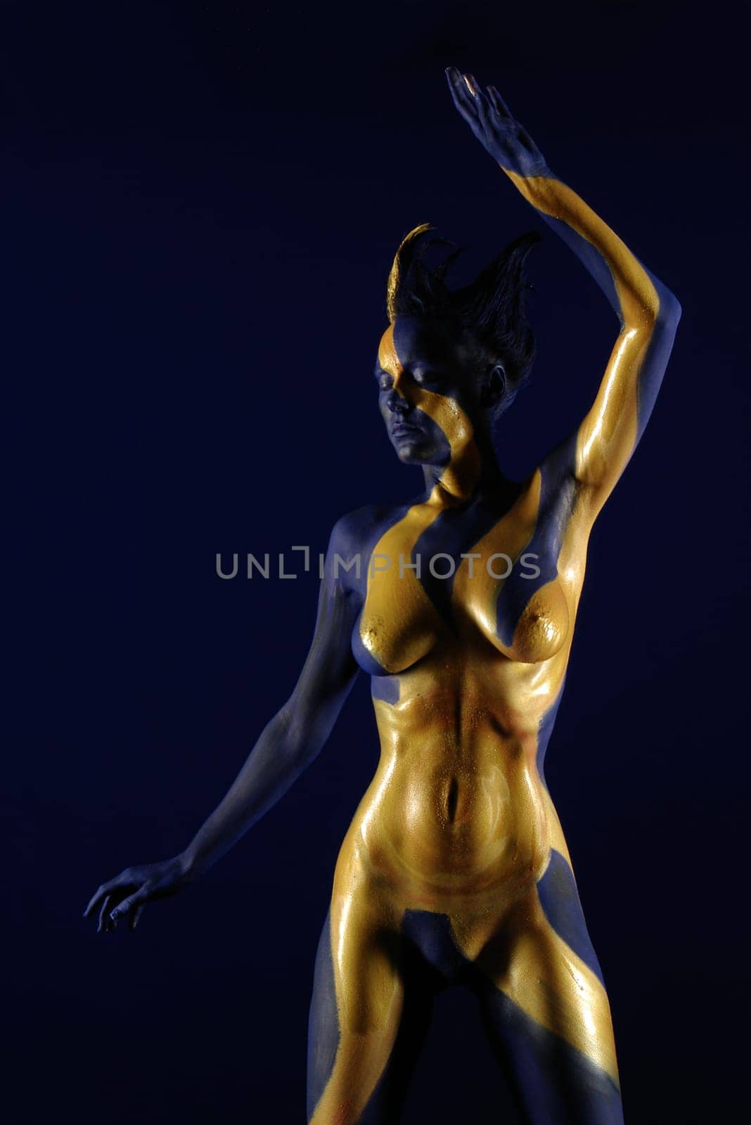 Woman,Bodypainting,Painted,Blue,Yellow,Gold,Sun,Ray,Rays,Body,Nude,Nude,Chest,Body Painting,Painted,Color,Torso,Sculpture,Statue,Art,Calendar,Static,Abstract,Figure,Shine