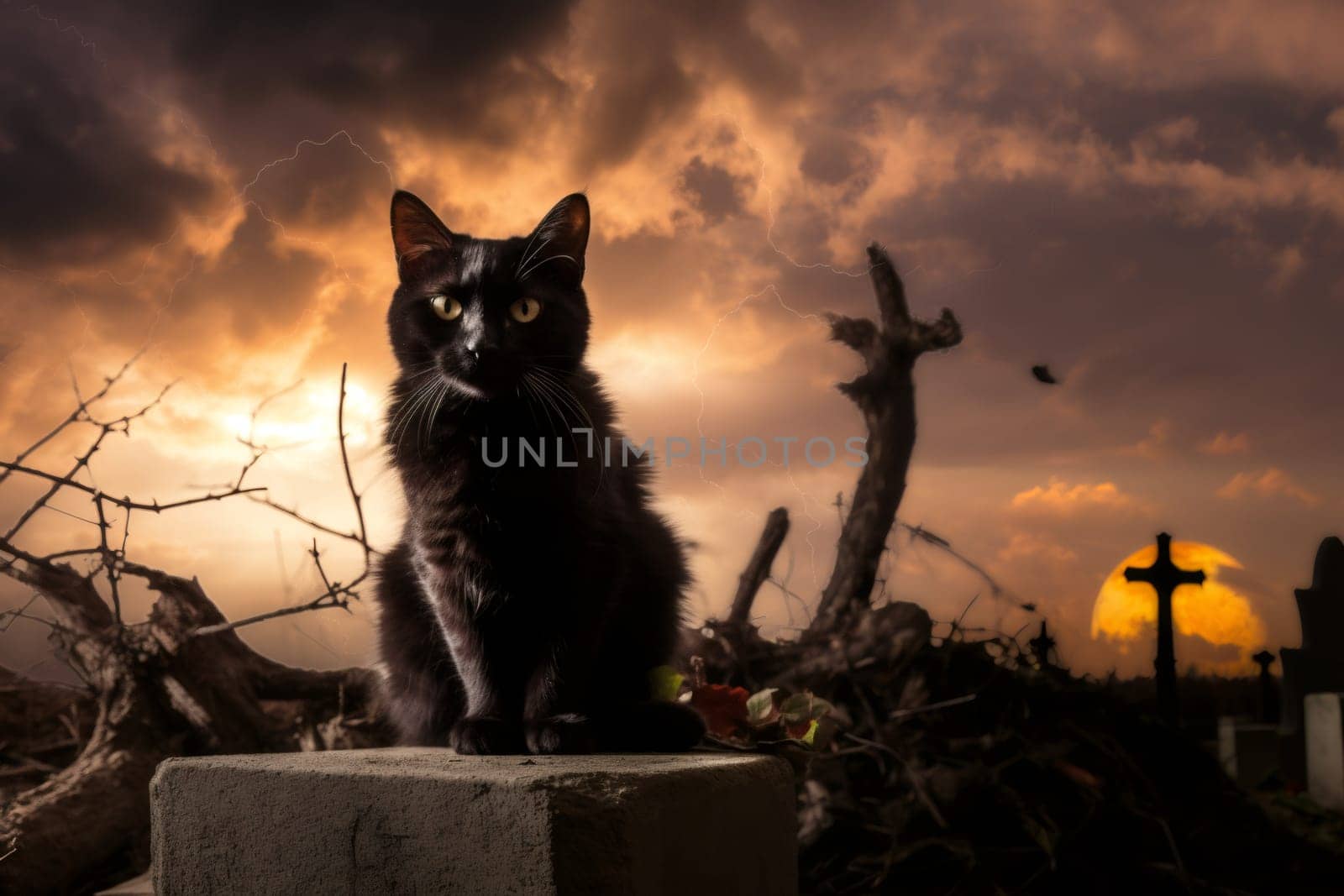 One black cat sits on a gravestone at night in a cemetery with crosses and a thunderstorm in the sky, close-up view.