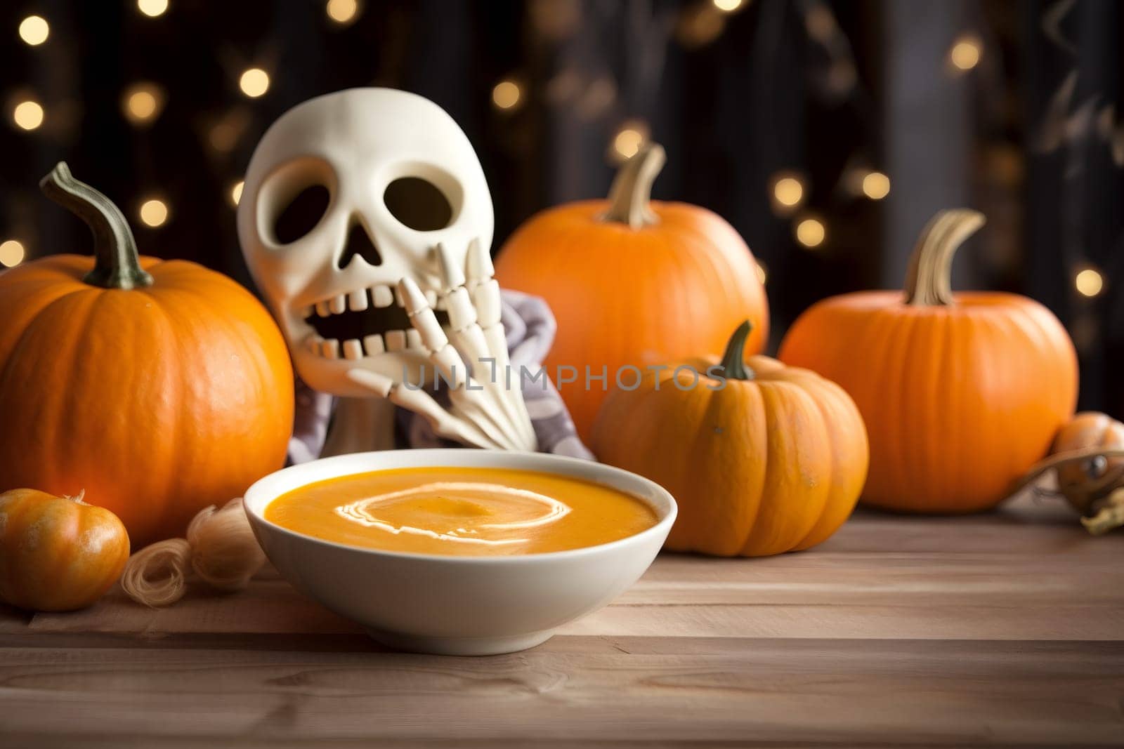 One bowl of pumpkin soup with skeleton and pumpkins lies on a wooden table in the kitchen with blurred background and bokeh, close-up side view.