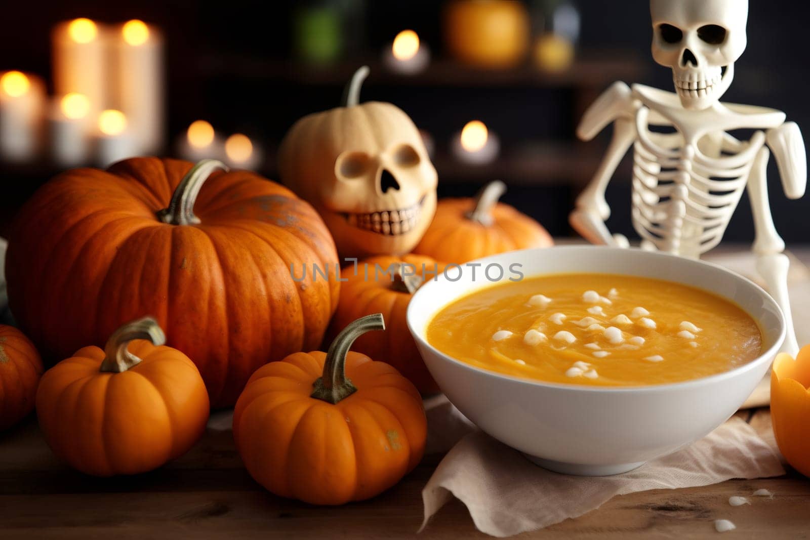 Pumpkin soup with a skeleton on the table. by Nataliya