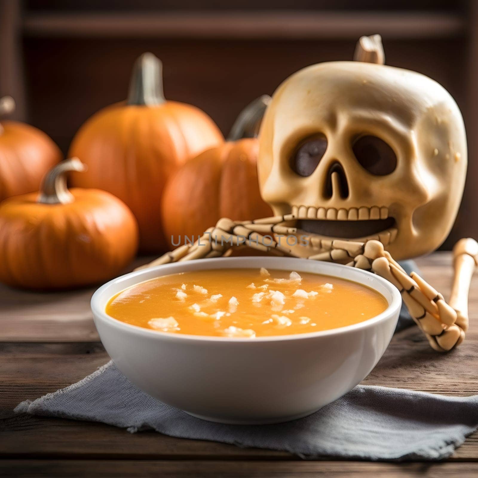 One bowl of pumpkin soup with cream cheese, skeleton and pumpkins lies on a wooden table in the kitchen with a blurred background, close-up side view.