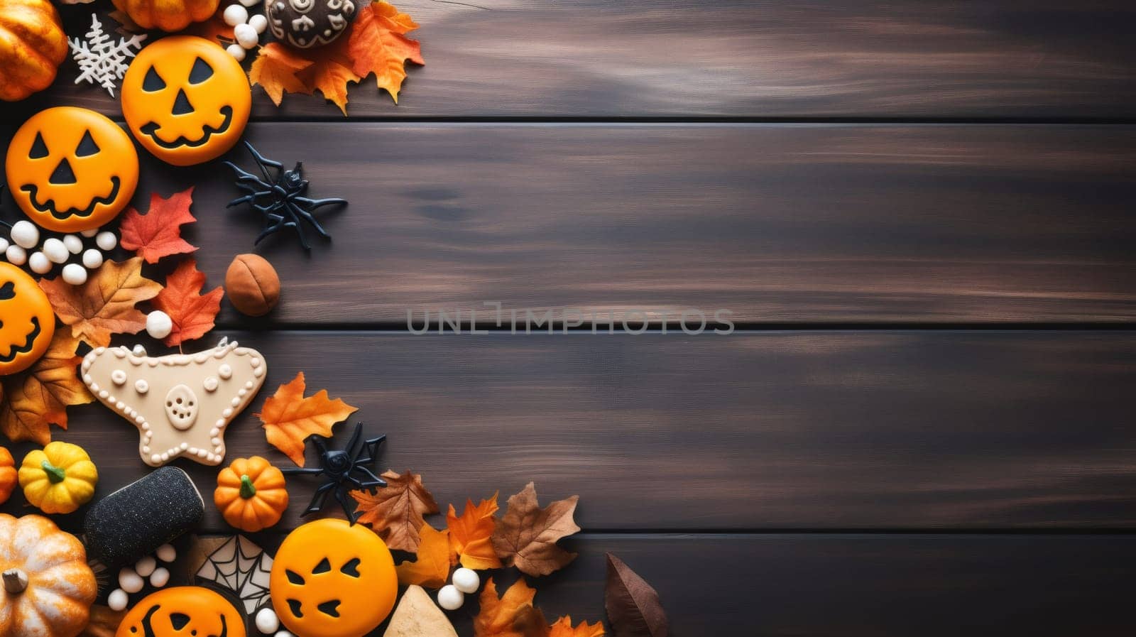 Halloween pumpkin cookies with anise and autumn leaves lie on the left on a dark brown wooden table with copy space for text on the right, flat lay close-up.