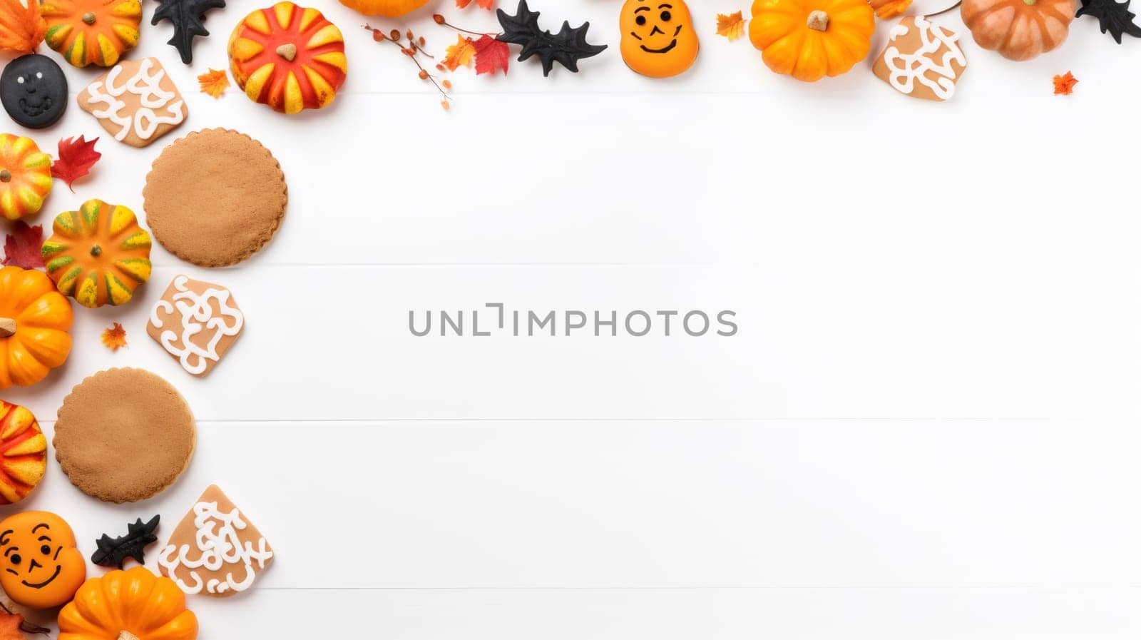 Festive bright Halloween pumpkin cookies with autumn twigs and leaves lie in an oval frame on a white wooden table with copy space, flat lay close-up.