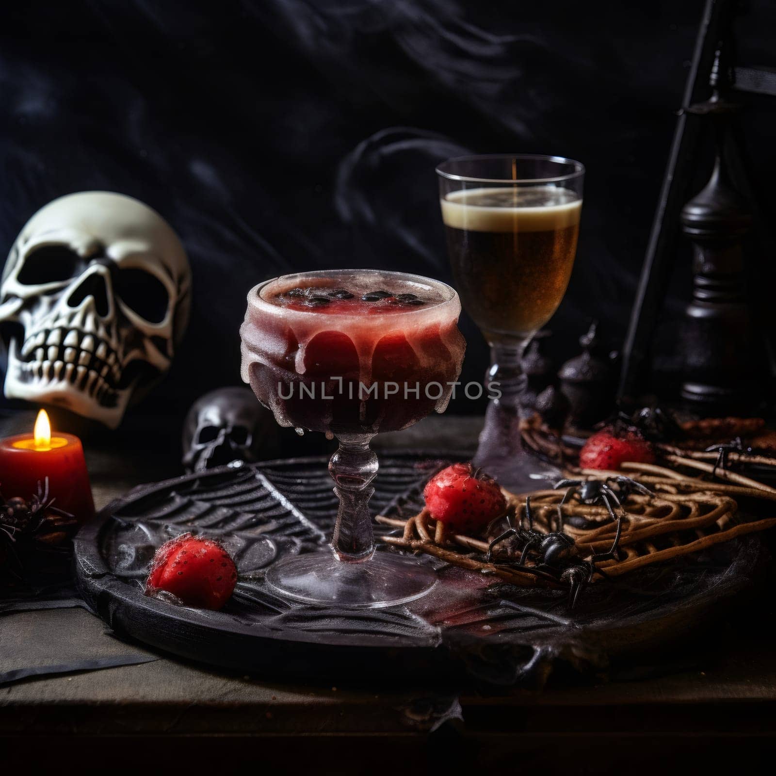 A vintage glass with a red poisonous drink and smudges stands on a wooden plate a cobweb with a burning candle and a skeleton skull on the table in a dark room, side view close-up.