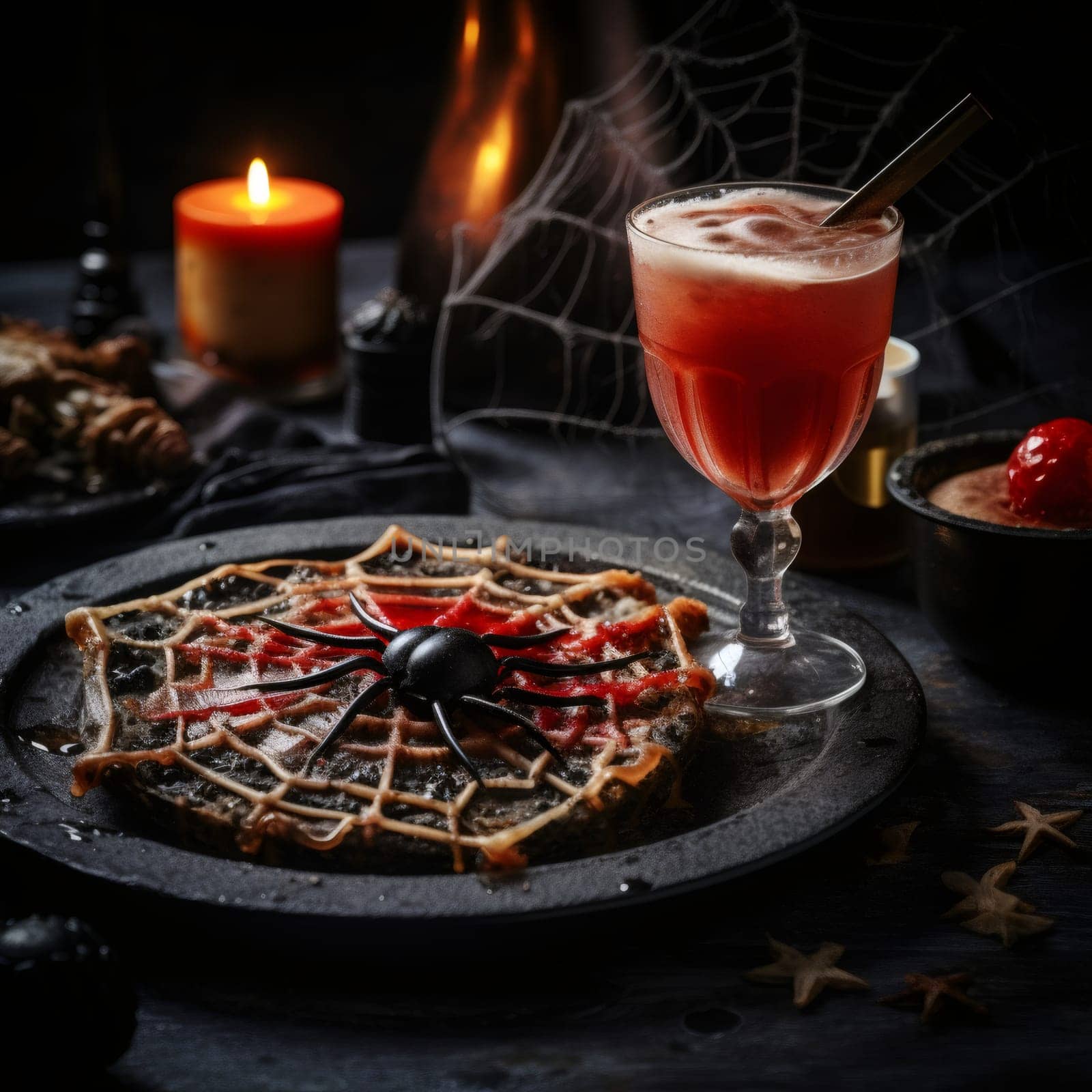 A spoiled pie with a spider and a poisonous drink on the table. by Nataliya