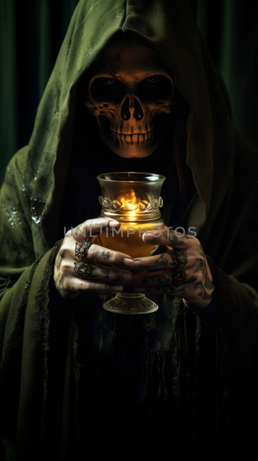 One man sorcerer in a skeleton mask, a green robe with a hood holds in his hands a vintage glass with a candle burning in it, standing in a dark room and looking ominously at the camera, side view close-up.