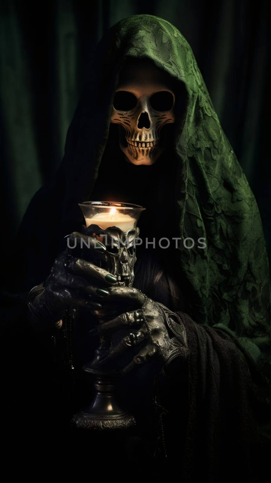 One male sorcerer in a skull mask, a green robe with a hood holds in iron hands an ancient glass with a candle burning in it, stands in a dark room and ominously looks at the camera, close-up side view.