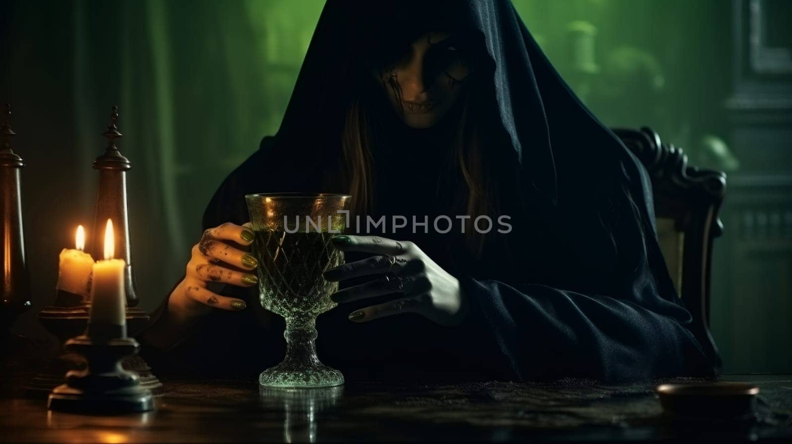 One young female witch in black clothes with a hat on her head holds a vintage glass with a poisonous drink, sitting at a table with burning candles at night, close-up side view.