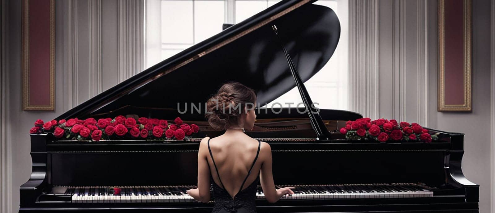 A beautiful girl plays the piano surrounded by roses by NeuroSky