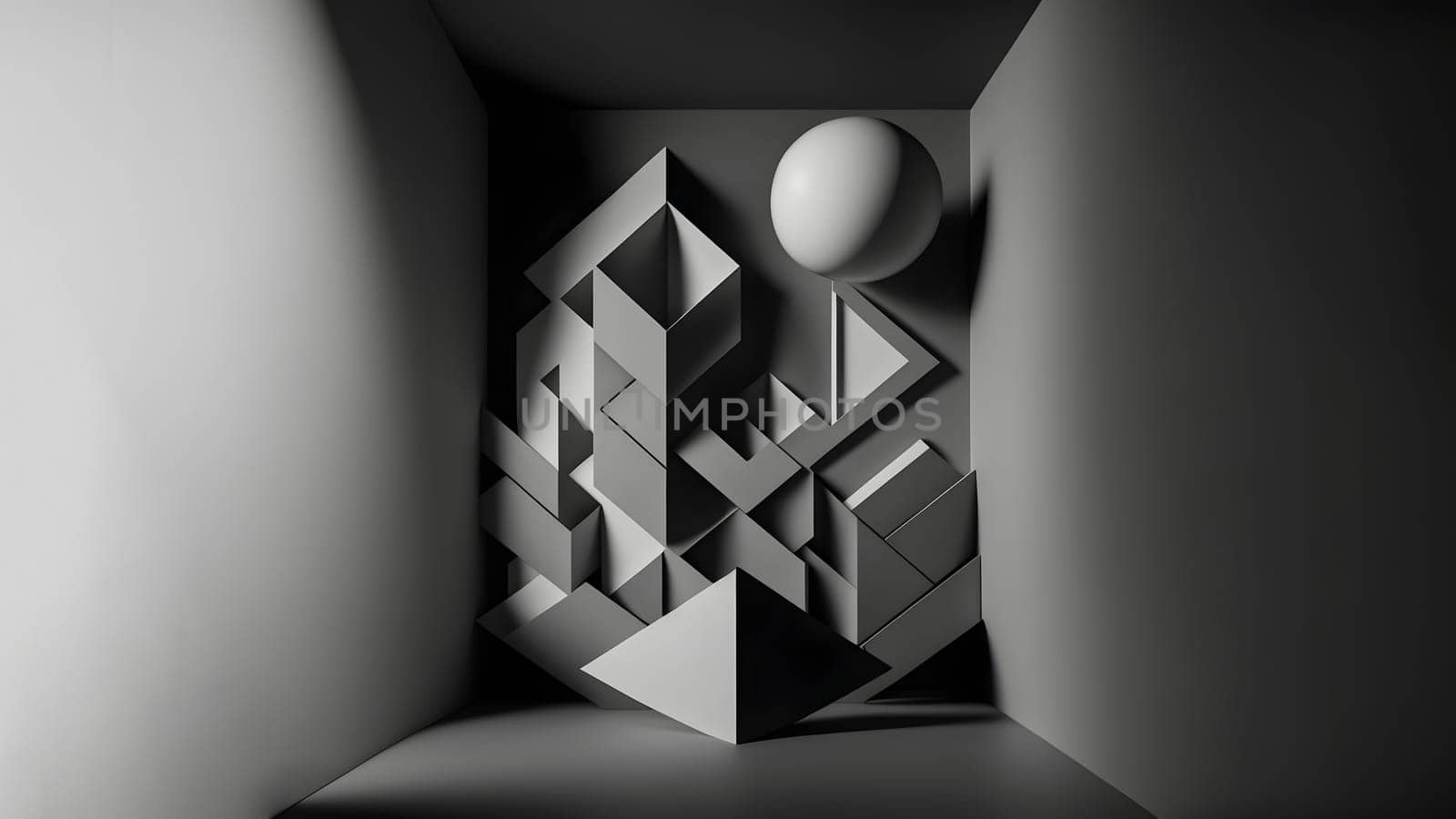 abstract minimalistic geometric shapes scene, neural network generated art. Digitally generated image. Not based on any actual scene or pattern.