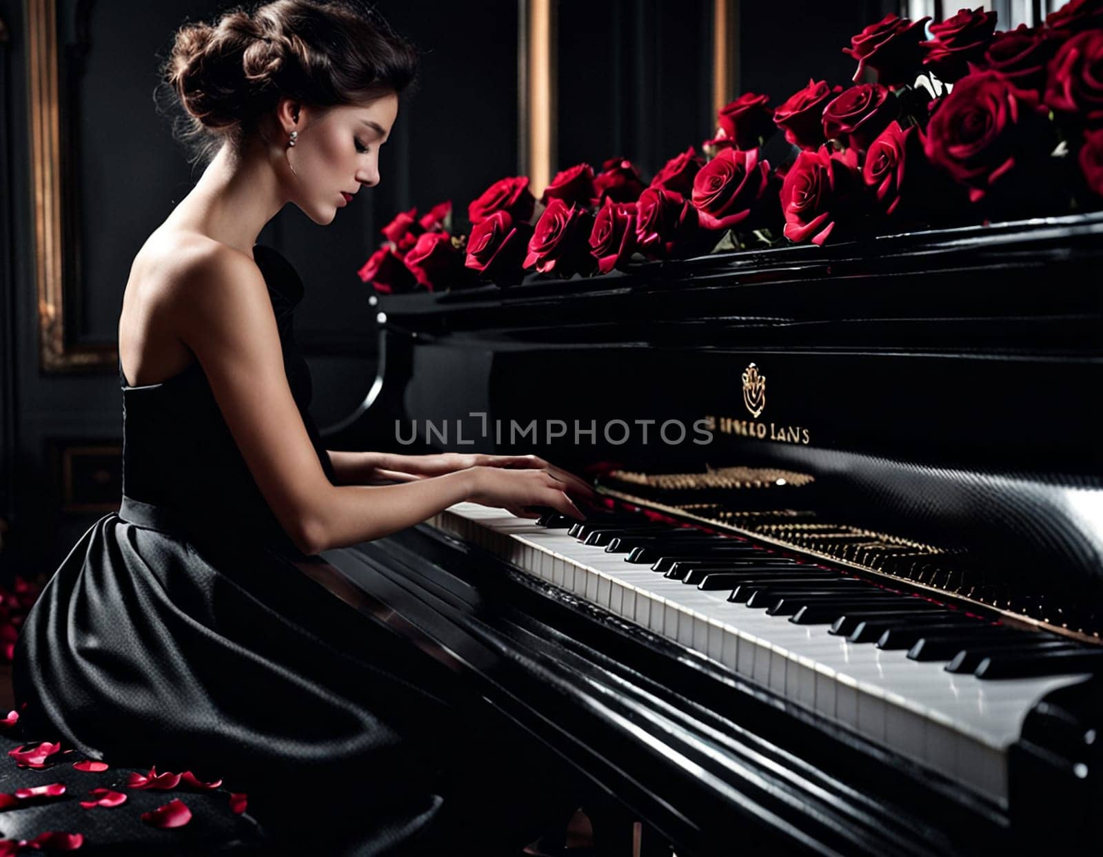 A beautiful girl plays the piano surrounded by roses. High quality illustration