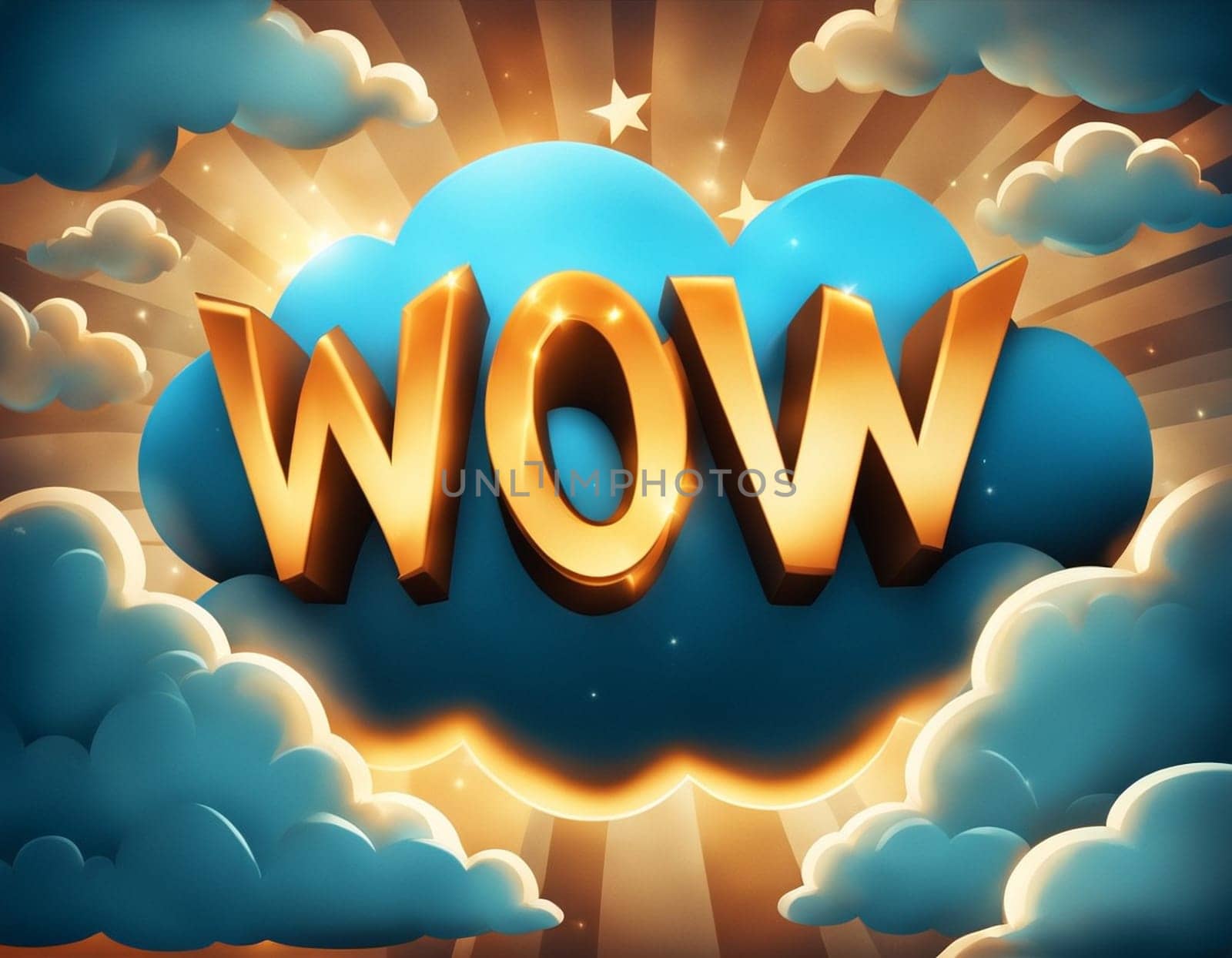 Cartoon sign of burst clouds with the word WOW. High quality illustration