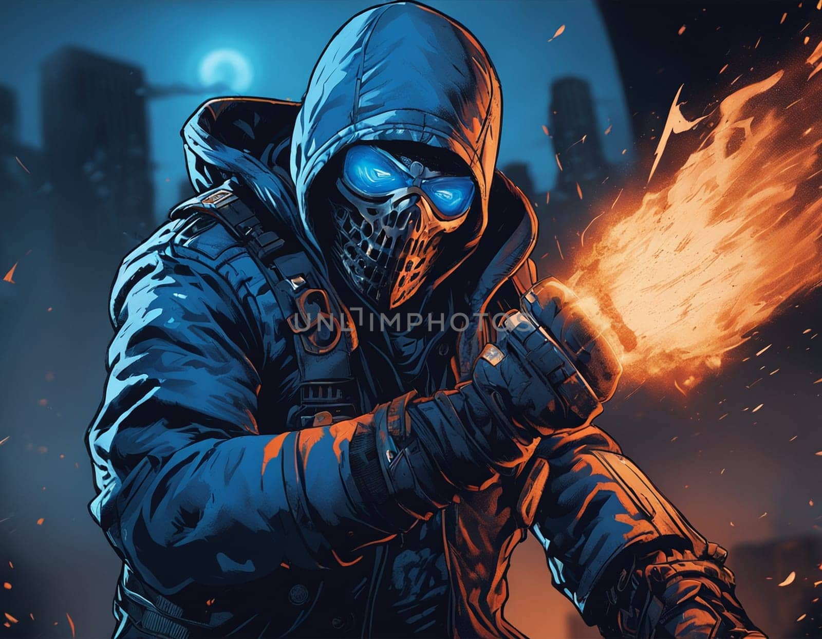 An epic character in the background of an explosion. A man in blue sunglasses with fire lighting up, in the style of aggressive digital illustration, strong facial expression