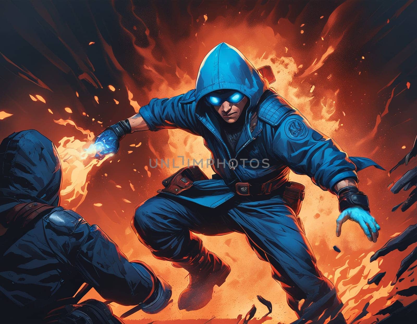 An epic character in the background of an explosion. A man in blue sunglasses with fire lighting up, in the style of aggressive digital illustration, strong facial expression