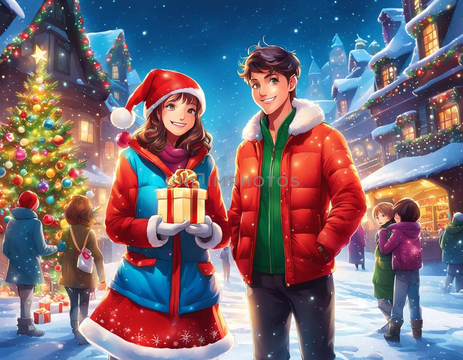 Happy couple in love during the Christmas holidays.The beautiful Christmas background has been transformed into a touching comic, where bright colors and simple lines create a magical atmosphere.