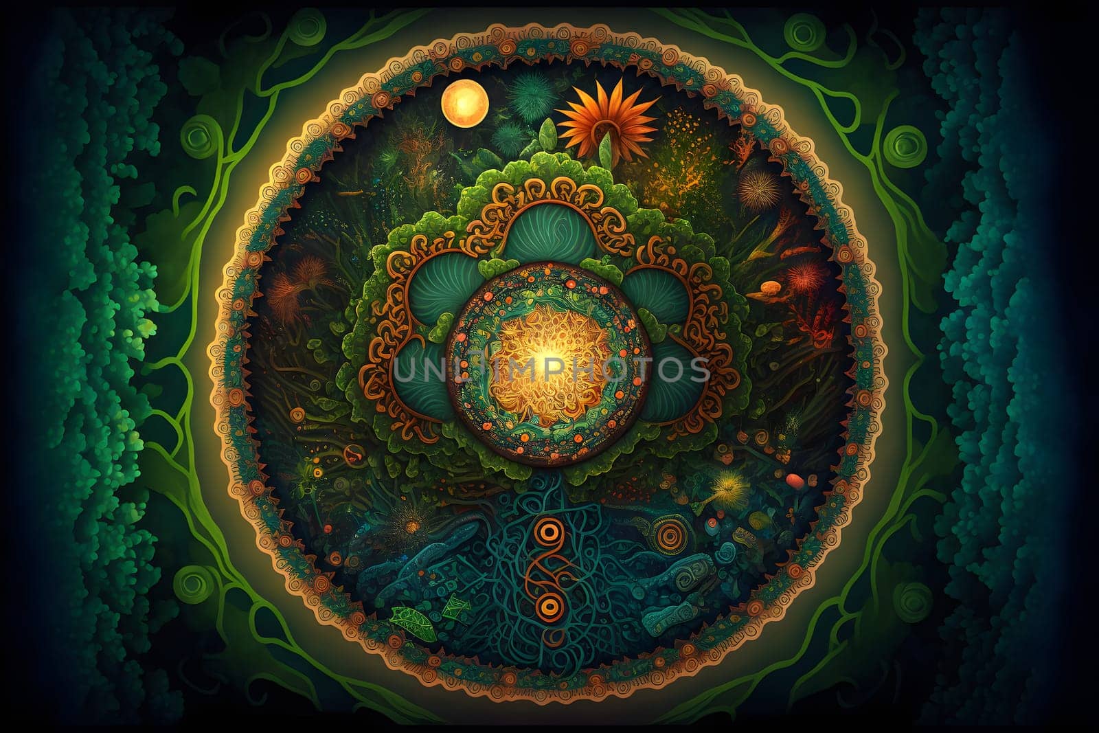 abstract jungle green ornate circle background, neural network generated art. Digitally generated image. Not based on any actual person, scene or pattern.