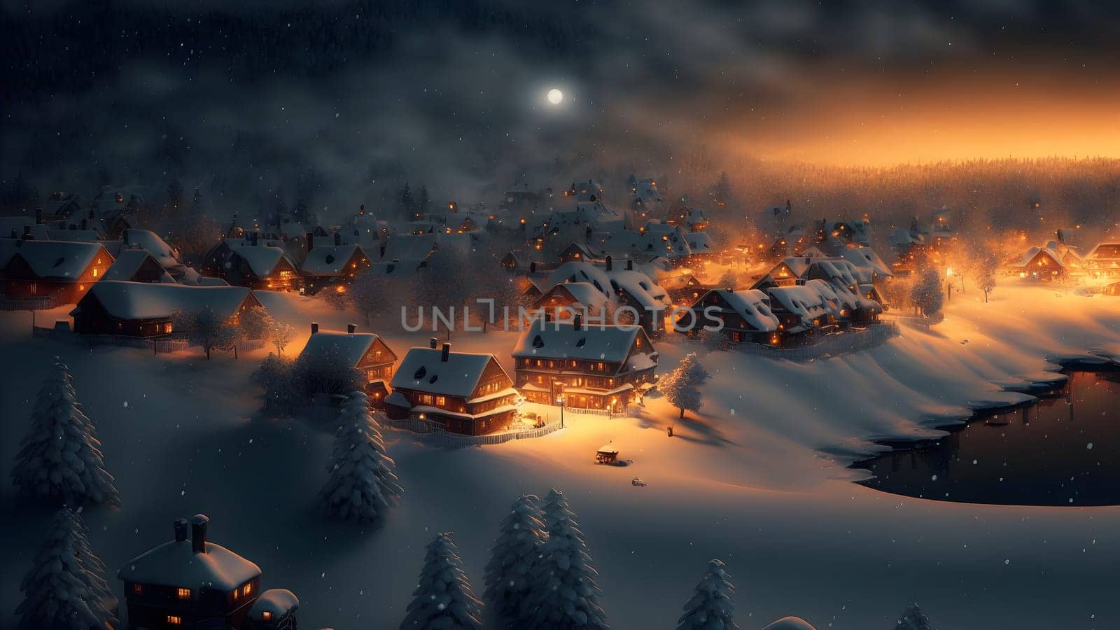 village covered in heavy snow under the light of orange street lights, neural network generated art. Digitally generated image. Not based on any actual scene.