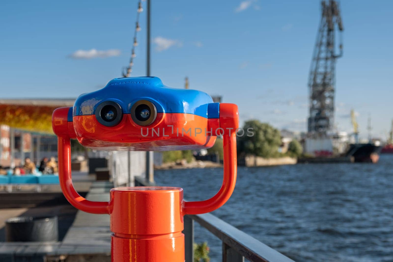 St. Petersburg, St. Petersburg, Russia. - October 06, 2023. Binoscope on the embankment of public space. Selective focus.