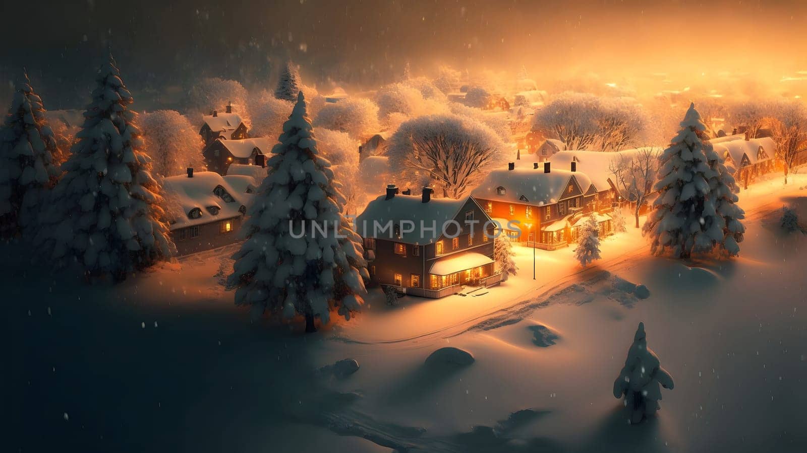 village covered in heavy snow under the light of orange street lights, neural network generated art. Digitally generated image. Not based on any actual scene.